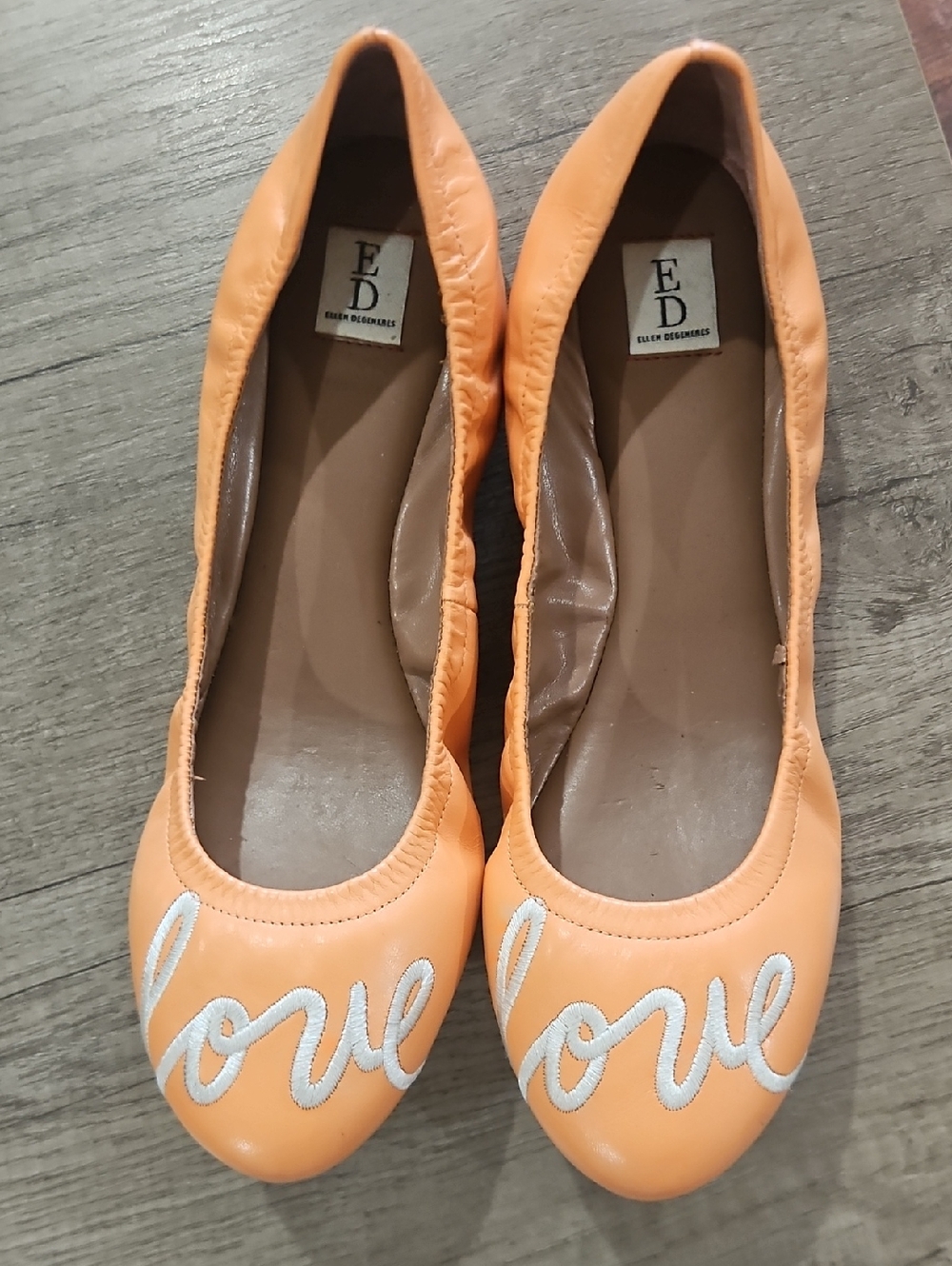 Ellen Degeneres Orange Ballet Flats with 'Love' Embroidery